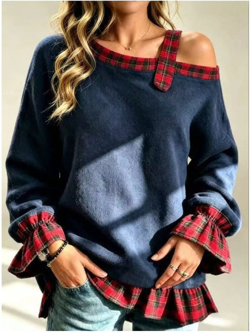 Off-the-Shoulder Sweatshirt for Women with Plaid Trim and Ruffle Cuffs in Navy, front view 2