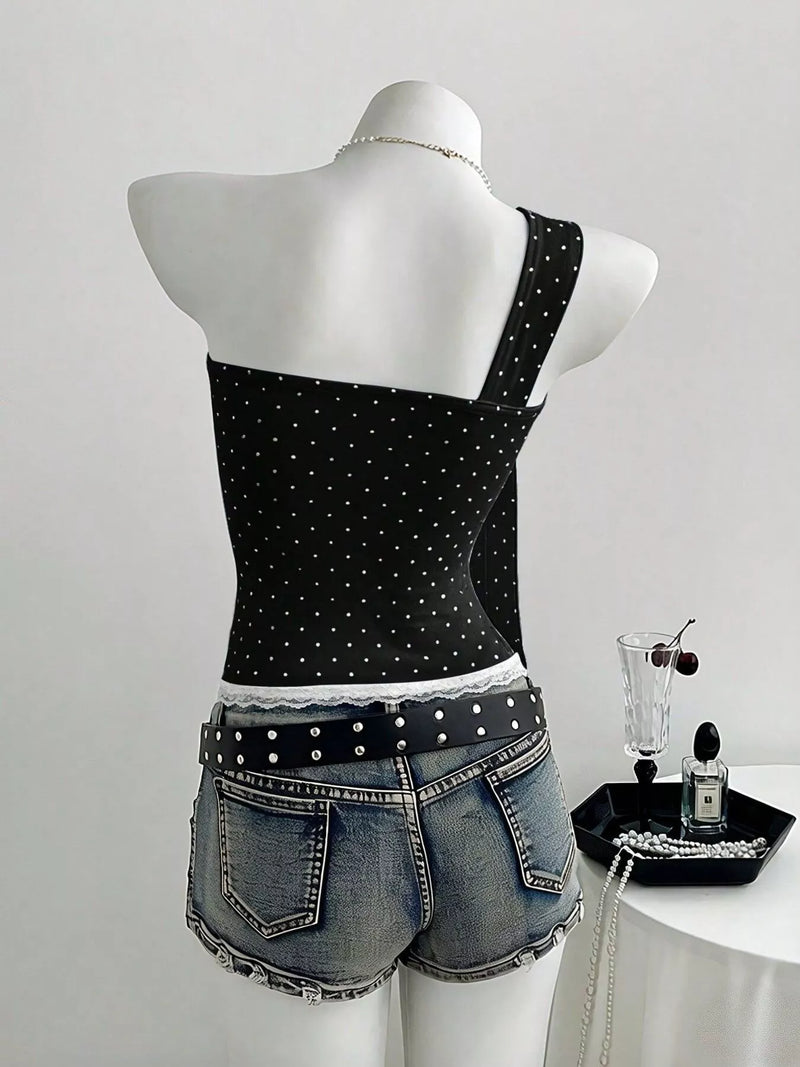 Going Out Top for Women with One Shoulder Bow and Polka Dot Print in Black, back view