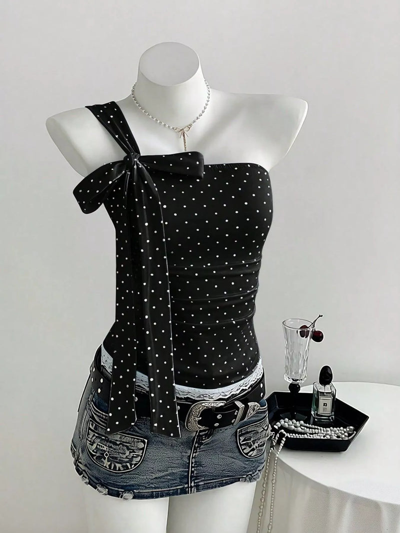 Going Out Top for Women with One Shoulder Bow and Polka Dot Print in Black, front view 3