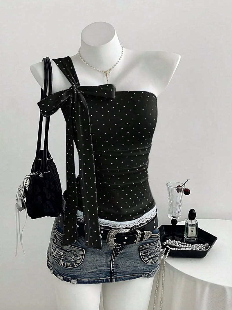 Going Out Top for Women with One Shoulder Bow and Polka Dot Print in Black, styled view