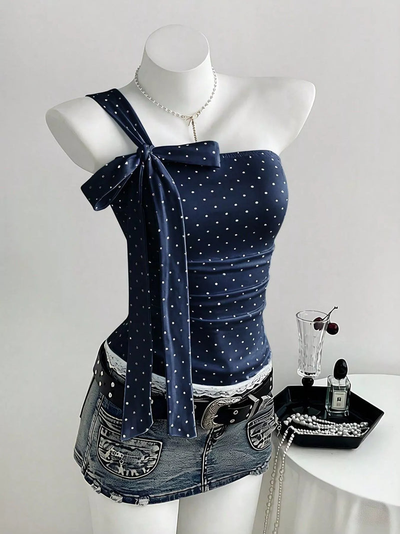 Going Out Top for Women with One Shoulder Bow and Polka Dot Print in Navy, front view