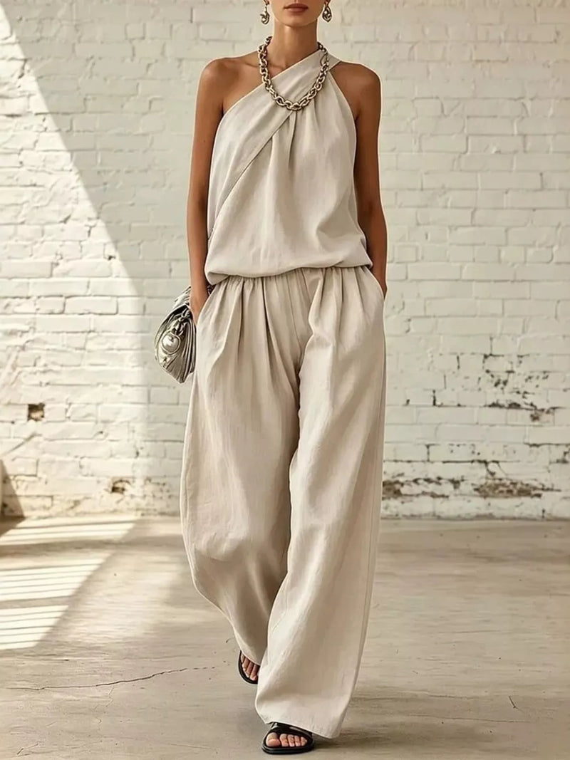 One Shoulder Top and Pants Set for Women with Pleated Wide Leg Pants in Ivory, front view