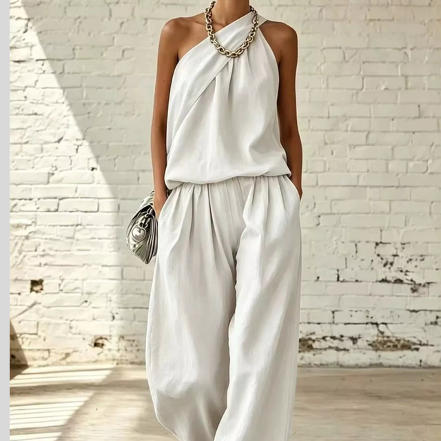 One Shoulder Top and Pants Set for Women with Pleated Wide Leg Pants in White, front view