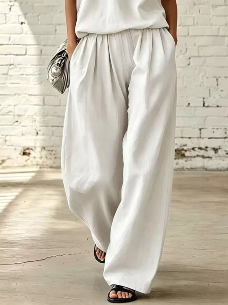 One Shoulder Top and Pants Set for Women with Pleated Wide Leg Pants in White, pants detail