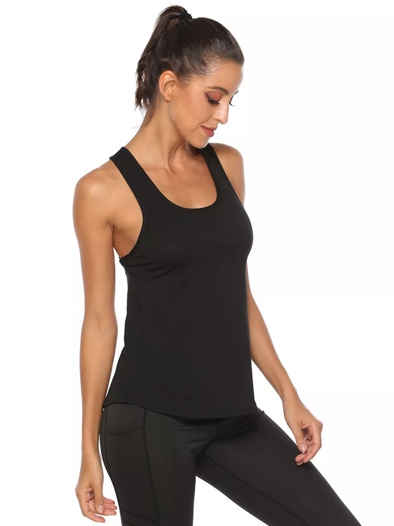 Open Back Workout Tank for Women with Racerback and Scoop Neck in Black, front view close