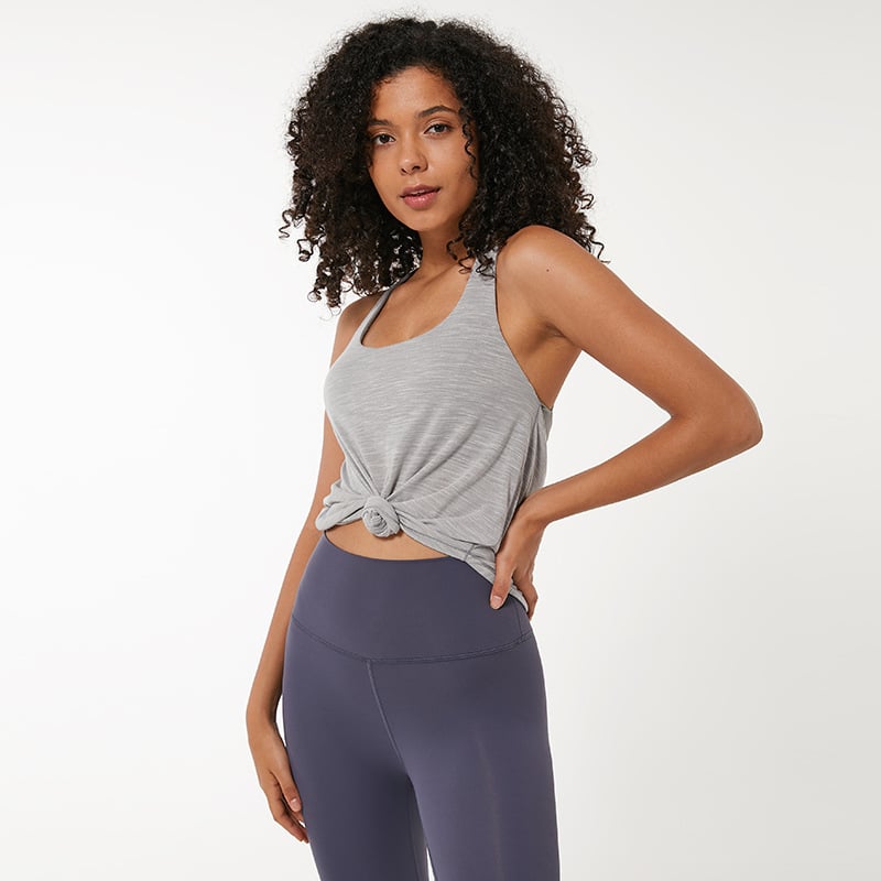 Open Back Workout Tank Top for Women with Criss Cross Straps in Light Grey, styled view