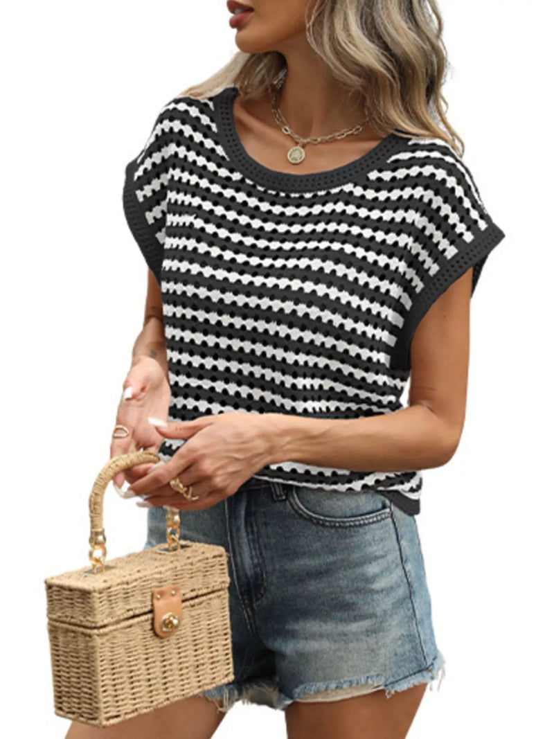 Striped Shirt for Women with Open Knit and Short Cap Sleeves in Black, side view