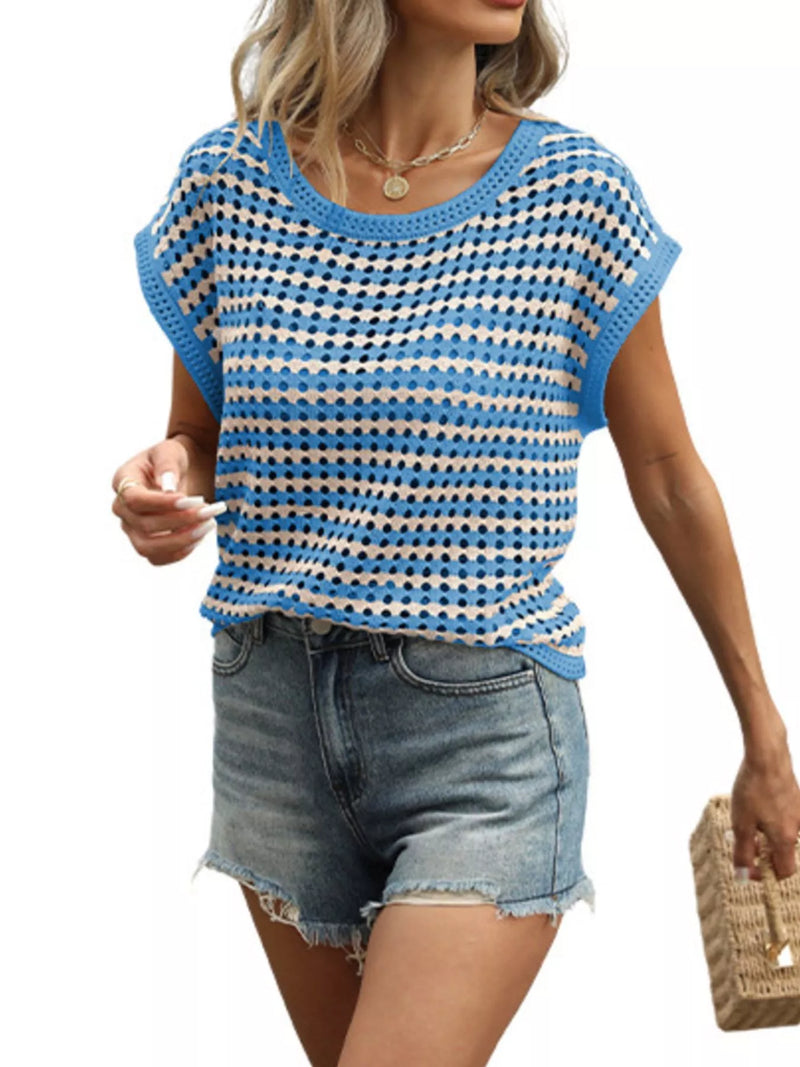 Striped Shirt for Women with Open Knit and Short Cap Sleeves in Blue, front view 2