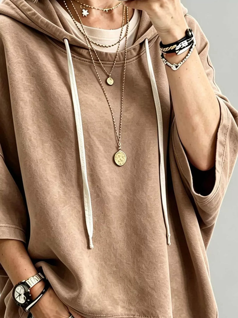 Oversized Hoodie for Women with Batwing Three Quarter Sleeves and Boxy Fit in Camel, close-up 2