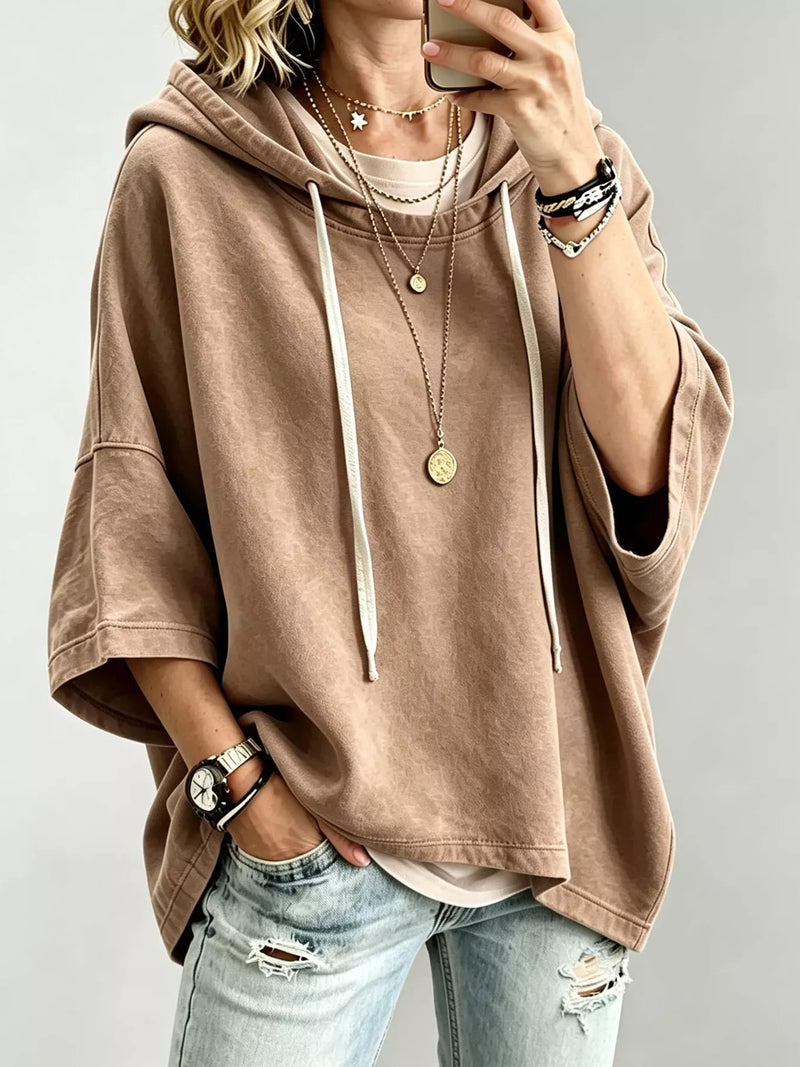 Oversized Hoodie for Women with Batwing Three Quarter Sleeves and Boxy Fit in Camel, front view