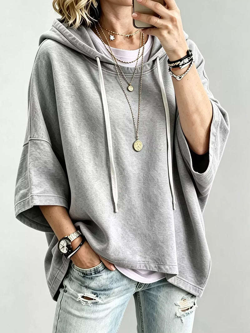 Oversized Hoodie for Women with Batwing Three Quarter Sleeves and Boxy Fit in Gray, front view