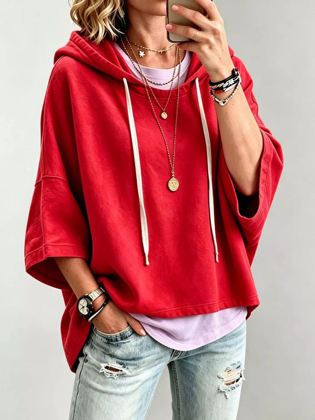 Oversized Hoodie for Women with Batwing Three Quarter Sleeves and Boxy Fit in Red, front view