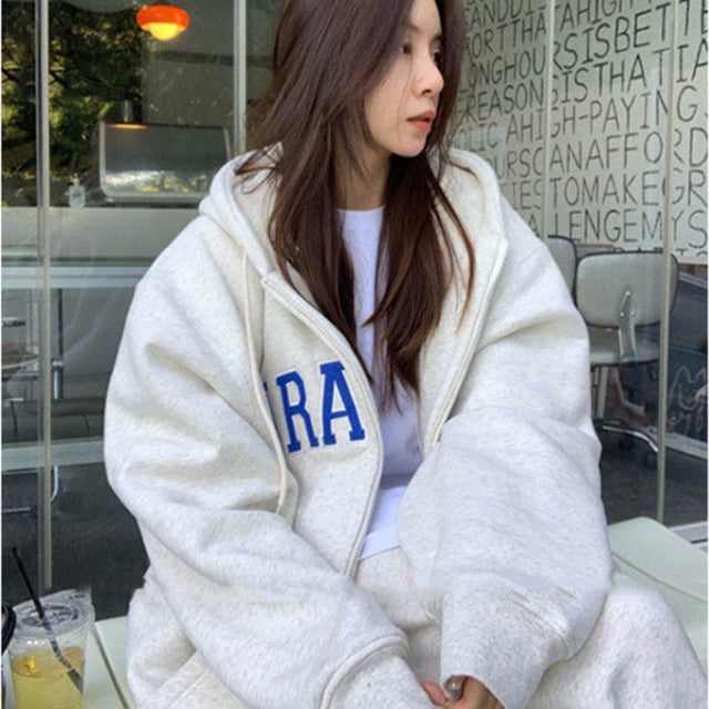 Oversized Hoodie for Women with Varsity Letter Print and Full Zip in White, front view 3