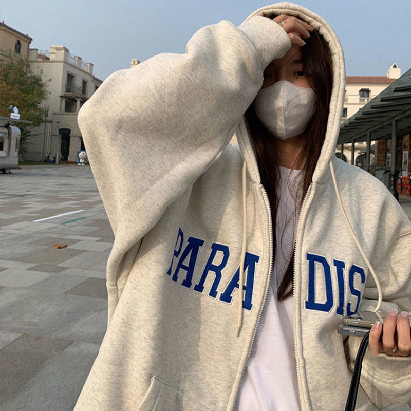 Oversized Hoodie for Women with Varsity Letter Print and Full Zip in White, hood up view