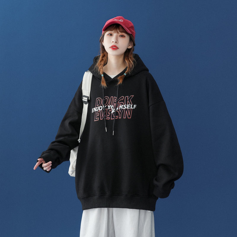 Oversized Pullover Hoodie for Women with Letter Print and Drawstring Hood in Black, front view 5