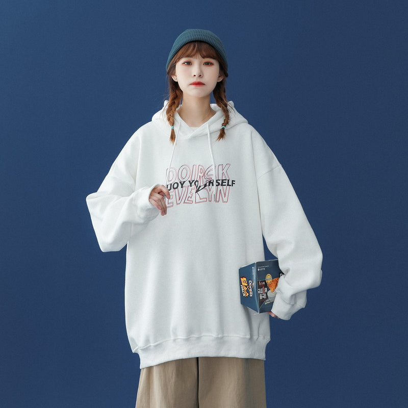 Oversized Pullover Hoodie for Women with Letter Print and Drawstring Hood in White, front view 4