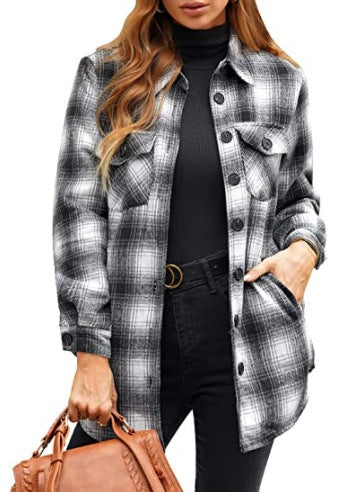 Oversized Plaid Shirt Jacket for Women with Chest Flap Pockets in Black, front view 5