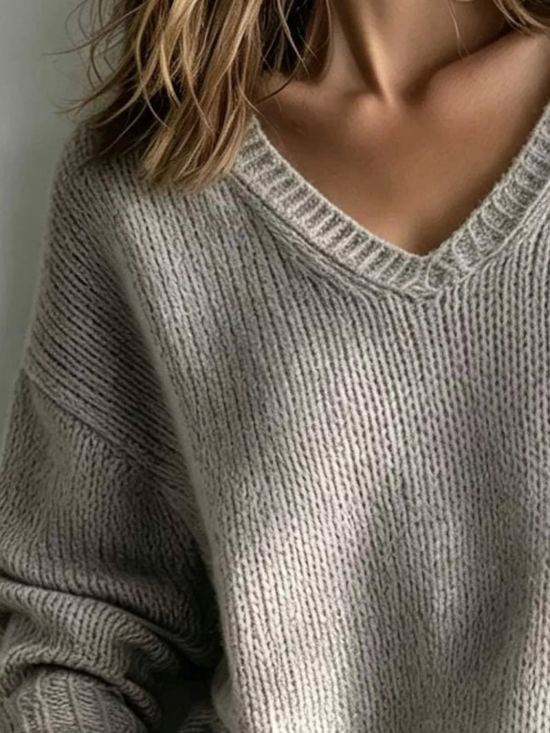Oversized V-Neck Sweater for Women with Drop Shoulders and Ribbed Trim in Gray, close-up