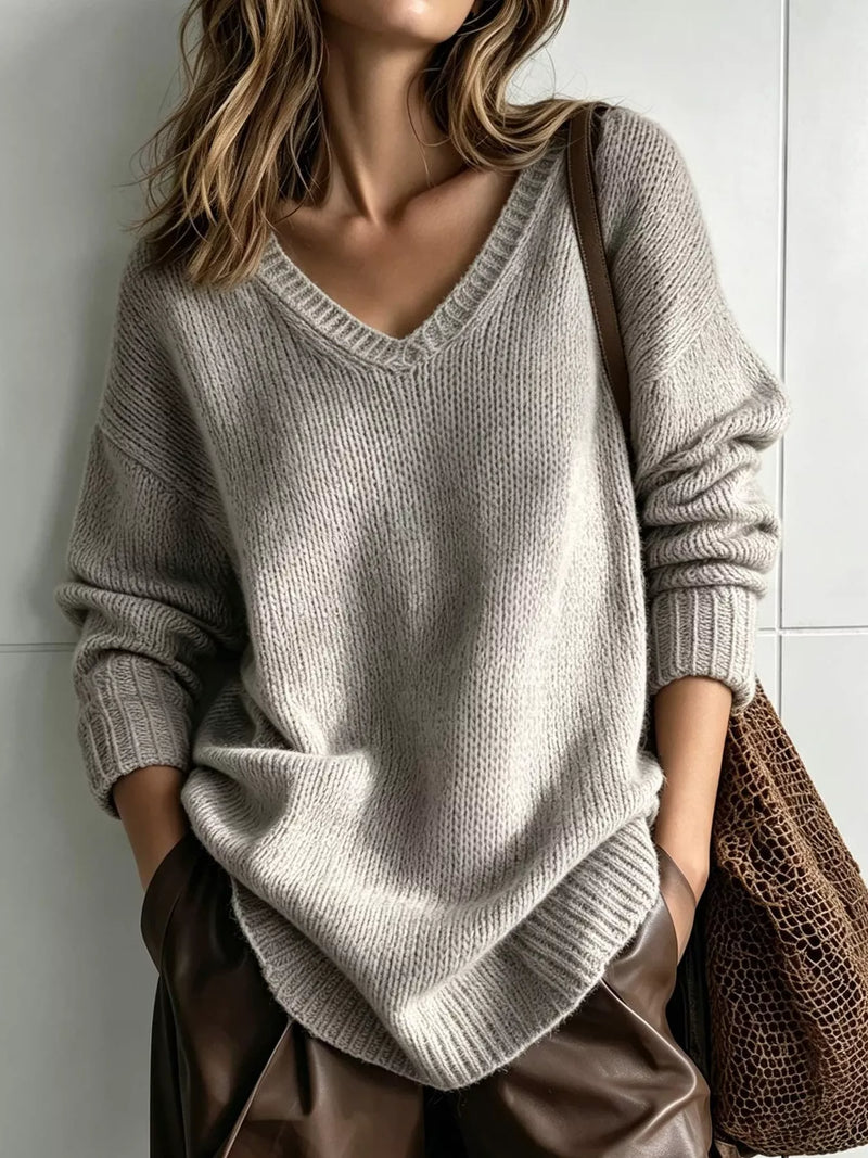 Oversized V-Neck Sweater for Women with Drop Shoulders and Ribbed Trim in Gray, front view