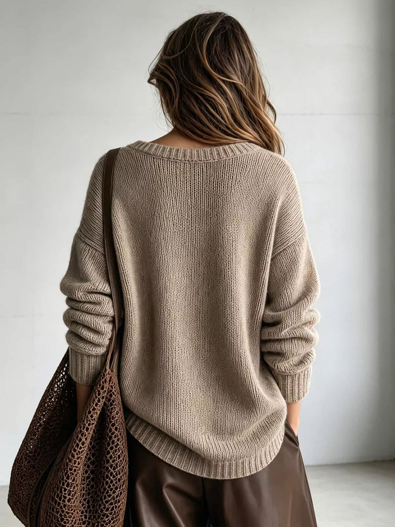 Oversized V-Neck Sweater for Women with Drop Shoulders and Ribbed Trim in Mocha, back view