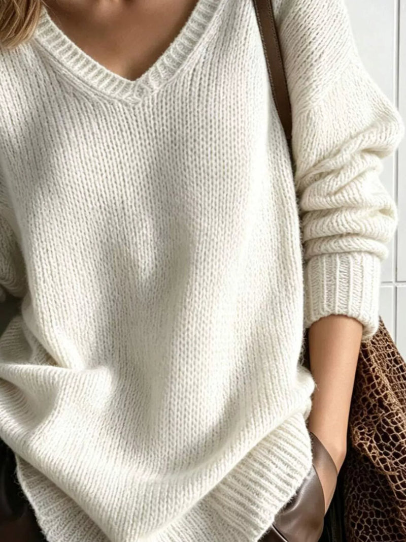 Oversized V-Neck Sweater for Women with Drop Shoulders and Ribbed Trim in White, close-up