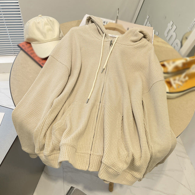 Oversized Hoodie for Women with Waffle Knit Texture and Full Zip in Beige, flat lay 3
