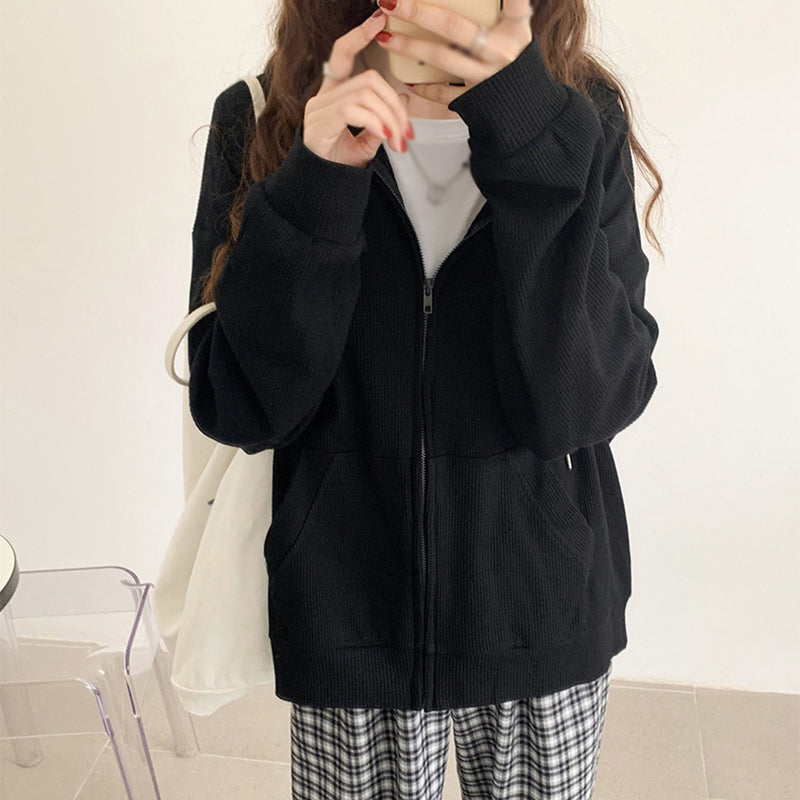 Oversized Hoodie for Women with Waffle Knit Texture and Full Zip in Black, front view