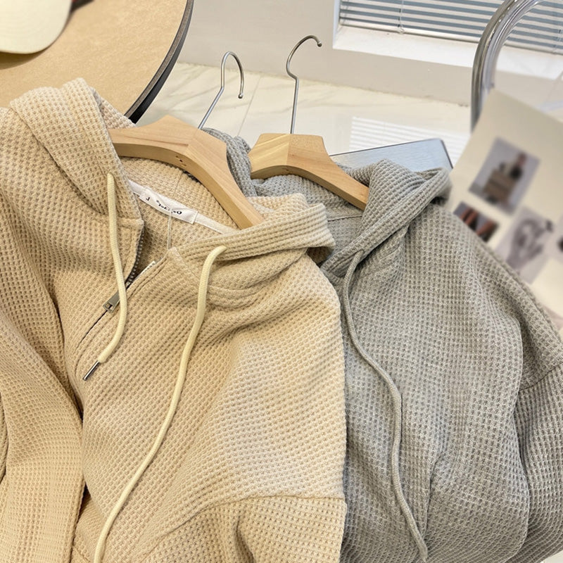 Oversized Hoodie for Women with Waffle Knit Texture and Full Zip, hood detail