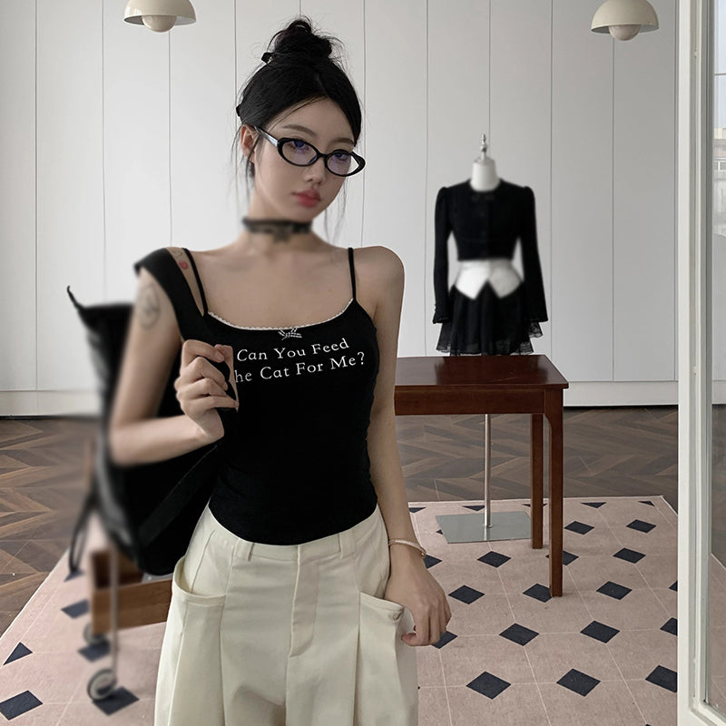 Padded Slogan Cami Top for Women with Spaghetti Straps and Bow Detail in Black, styled view