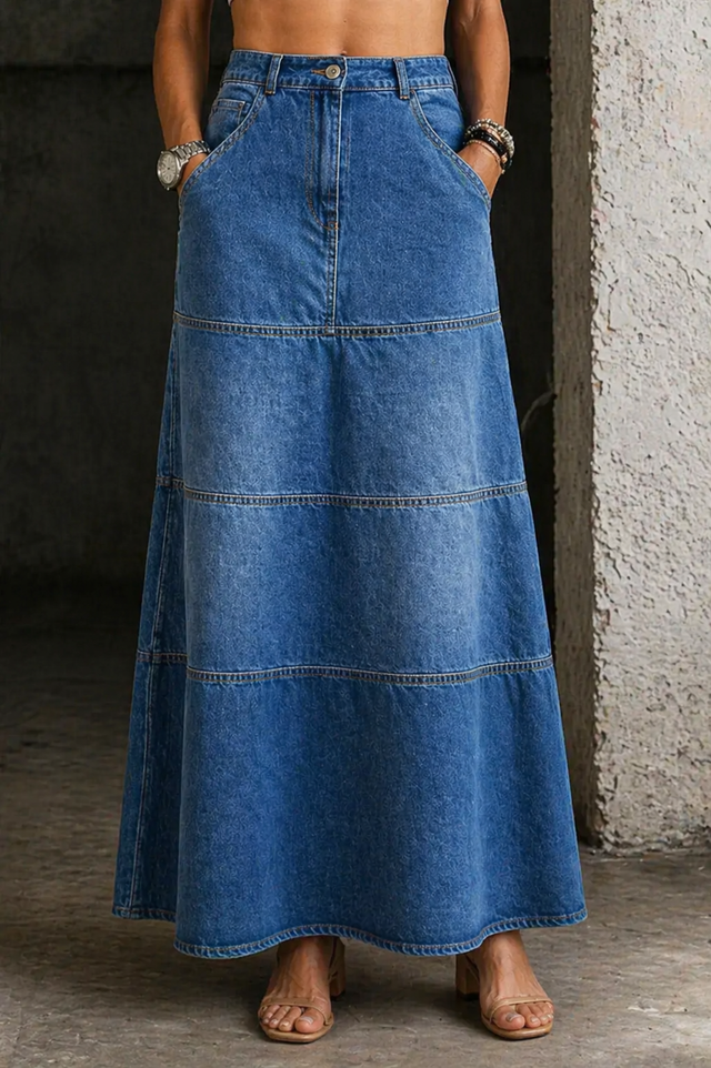 Panelled Denim Maxi Skirt for Women with Flared Hem and Front Pockets in Medium Blue, front view