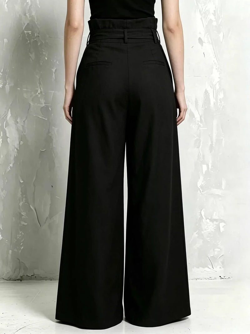 Paperbag Waist Wide Leg Pants for Women with Tie Belt and Pleats in Black, back view