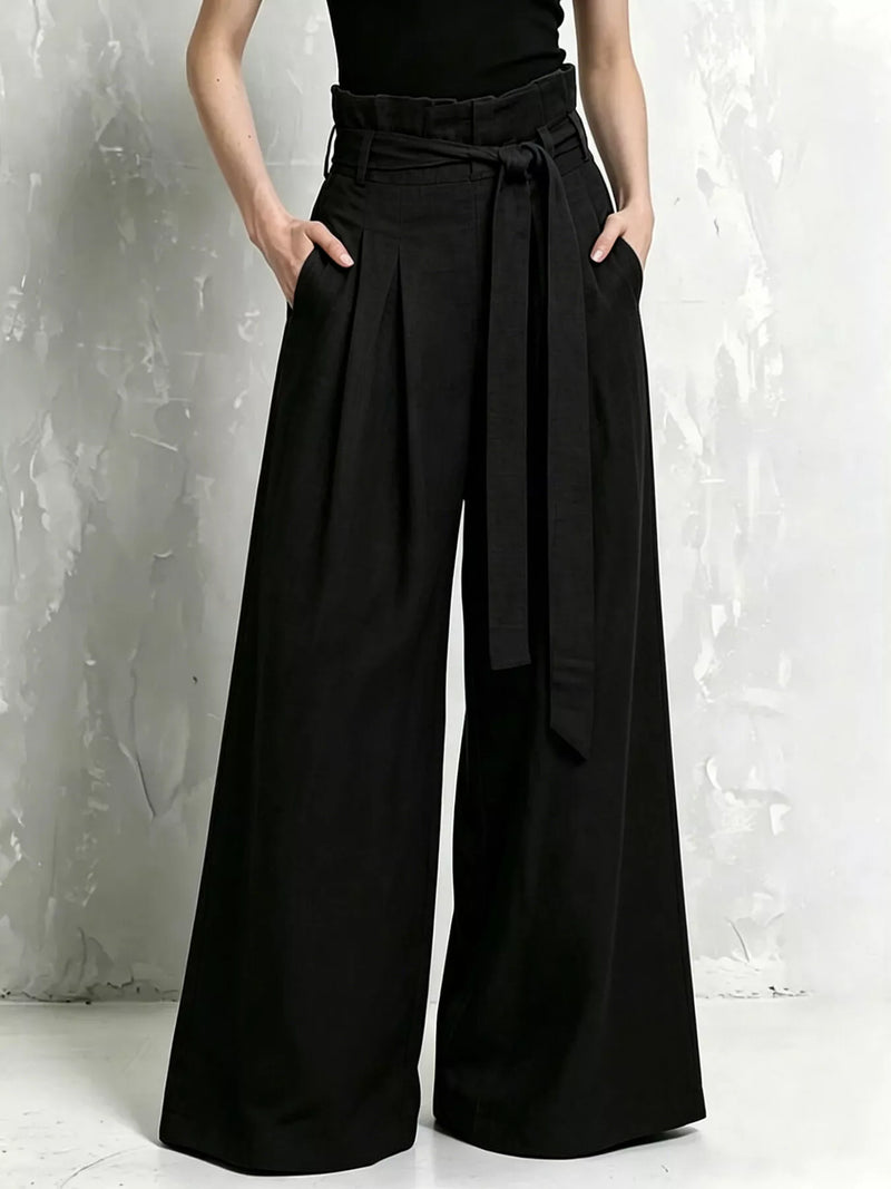 Paperbag Waist Wide Leg Pants for Women with Tie Belt and Pleats in Black, front view