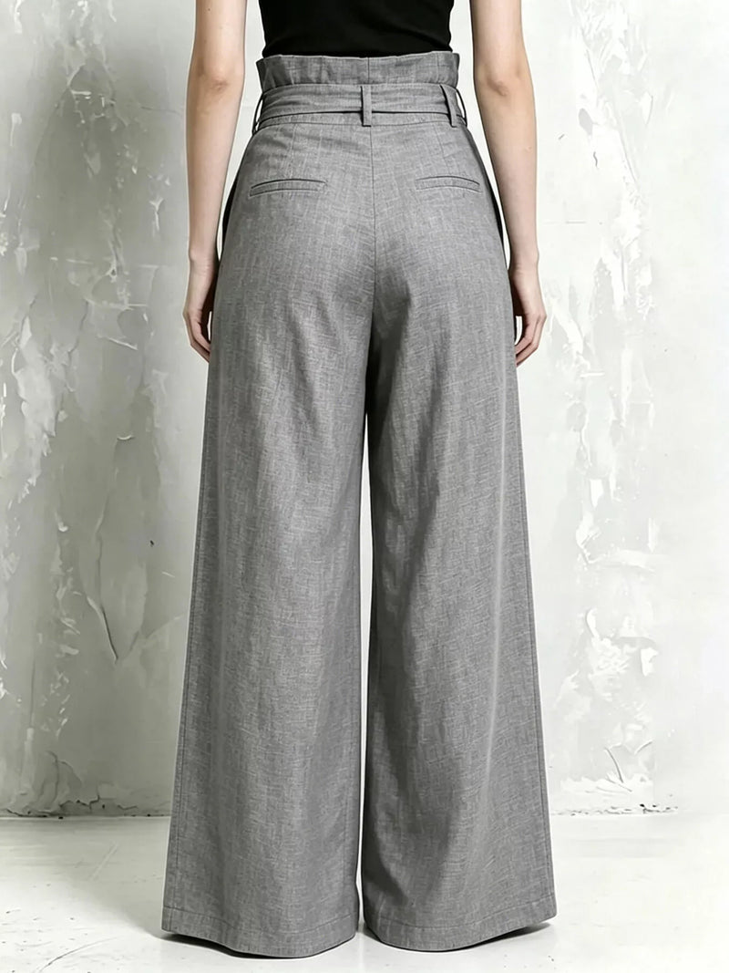 Paperbag Waist Wide Leg Pants for Women with Tie Belt and Pleats in Grey, back view