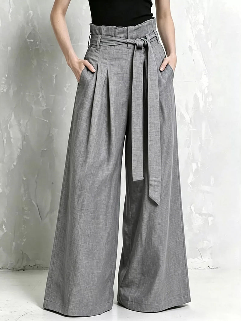 Paperbag Waist Wide Leg Pants for Women with Tie Belt and Pleats in Grey, front view