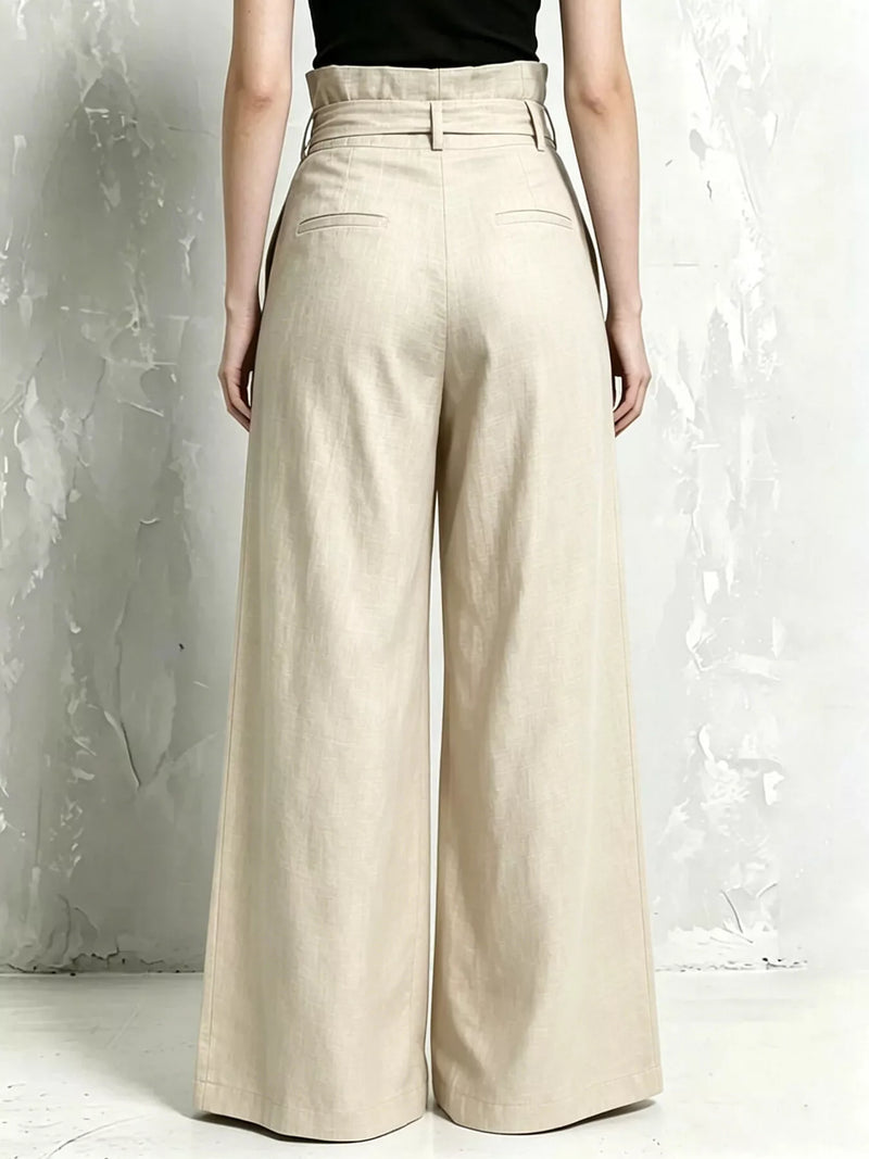 Paperbag Waist Wide Leg Pants for Women with Tie Belt and Pleats in Khaki, back view