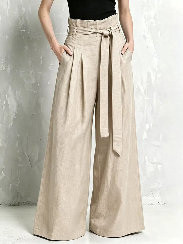 Paperbag Waist Wide Leg Pants for Women with Tie Belt and Pleats in Khaki, front view