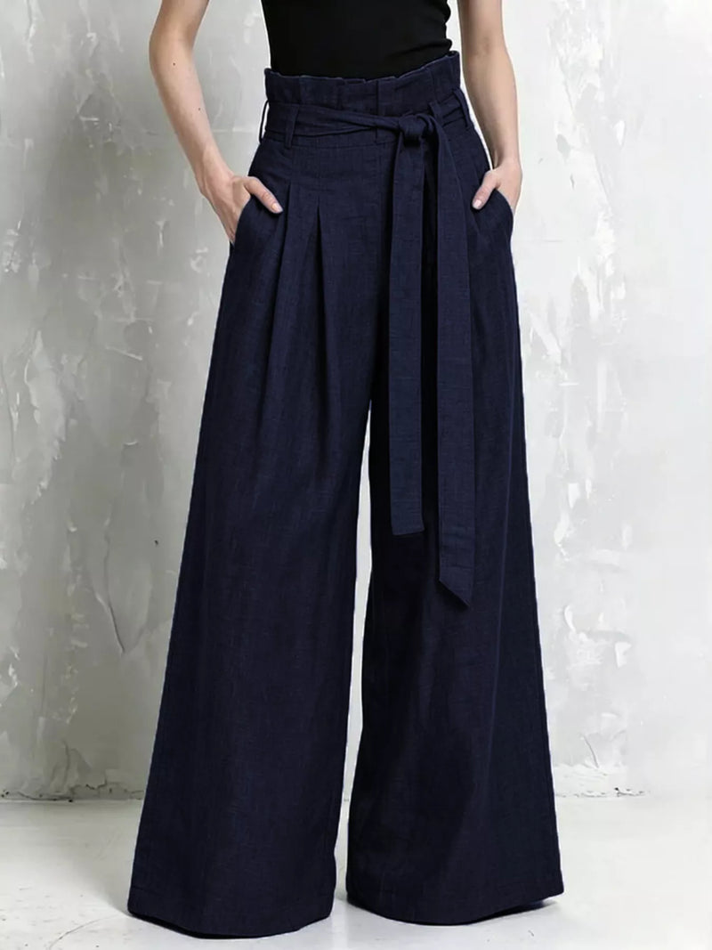Paperbag Waist Wide Leg Pants for Women with Tie Belt and Pleats in Navy, front view
