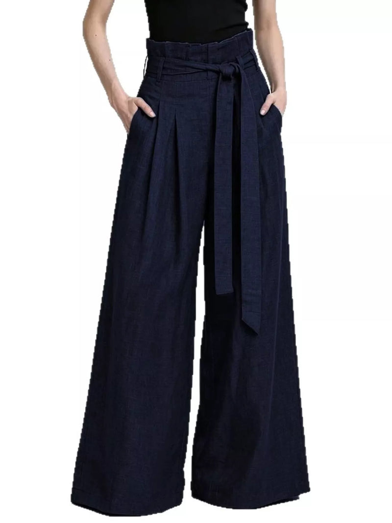Paperbag Waist Wide Leg Pants for Women with Tie Belt and Pleats in Navy, front view on white