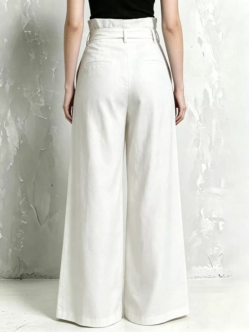 Paperbag Waist Wide Leg Pants for Women with Tie Belt and Pleats in White, back view
