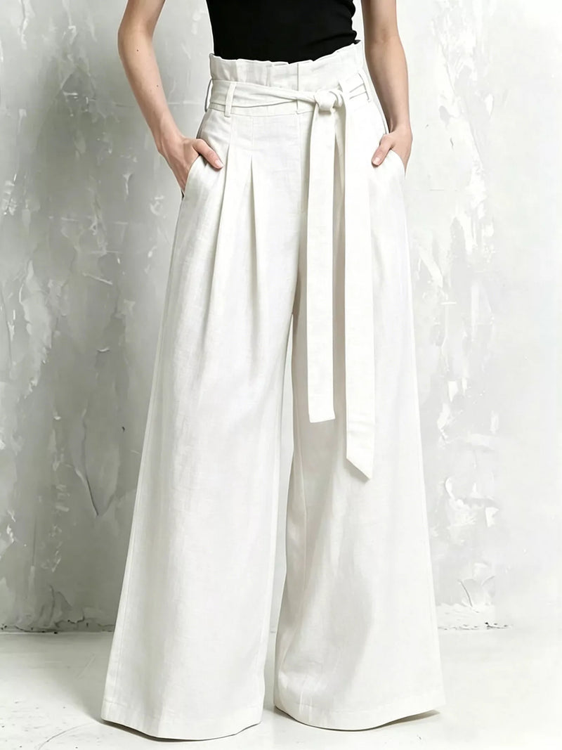 Paperbag Waist Wide Leg Pants for Women with Tie Belt and Pleats in White, front view