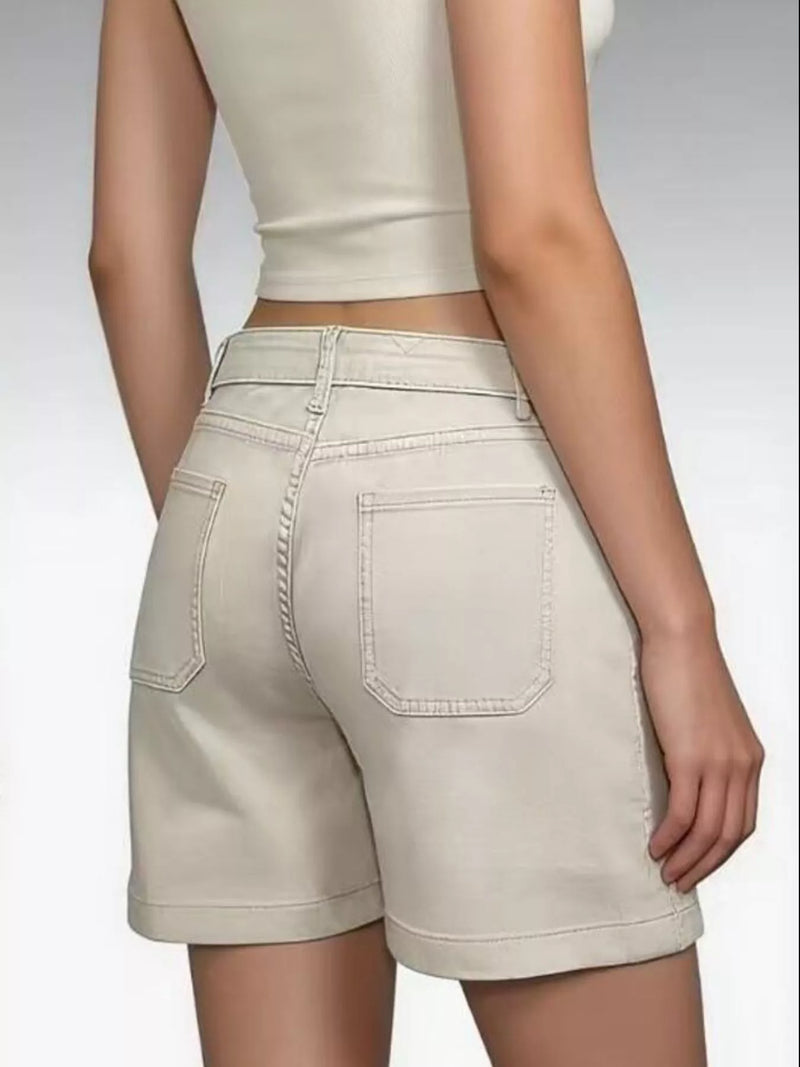 Denim Shorts for Women with Patch Pockets and Mid Rise in Beige, back view