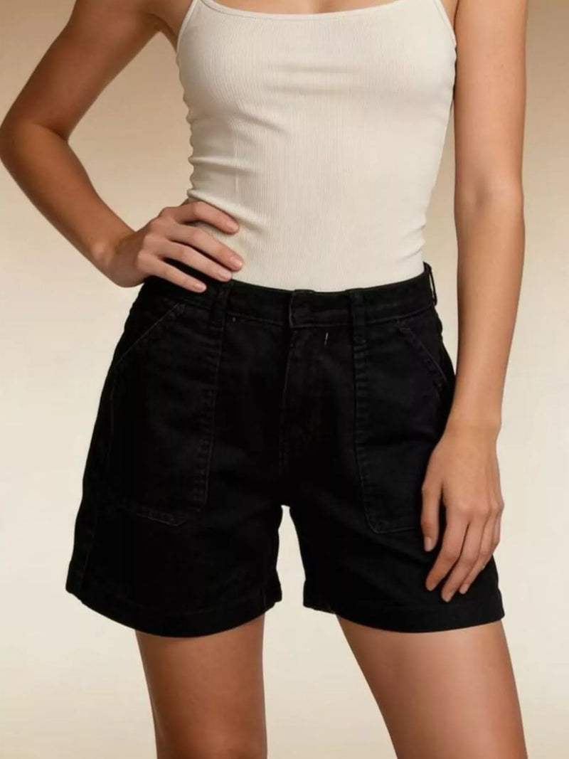Denim Shorts for Women with Patch Pockets and Mid Rise in Black, front view 2