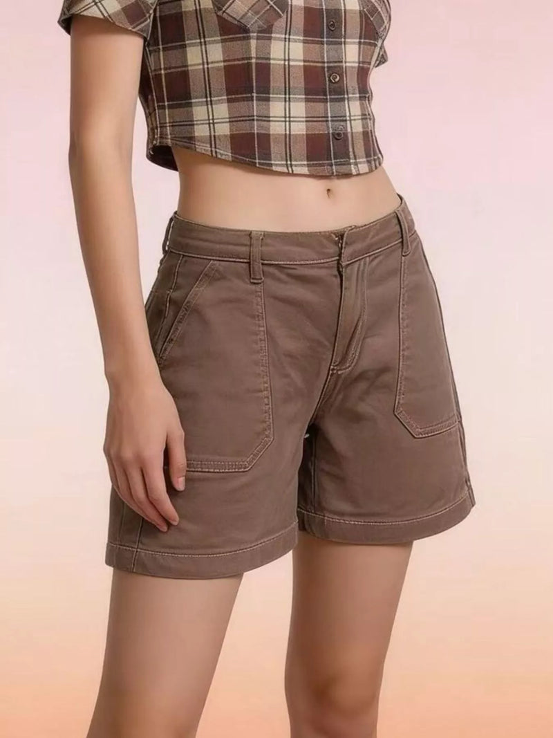 Denim Shorts for Women with Patch Pockets and Mid Rise in Brown, front view 3