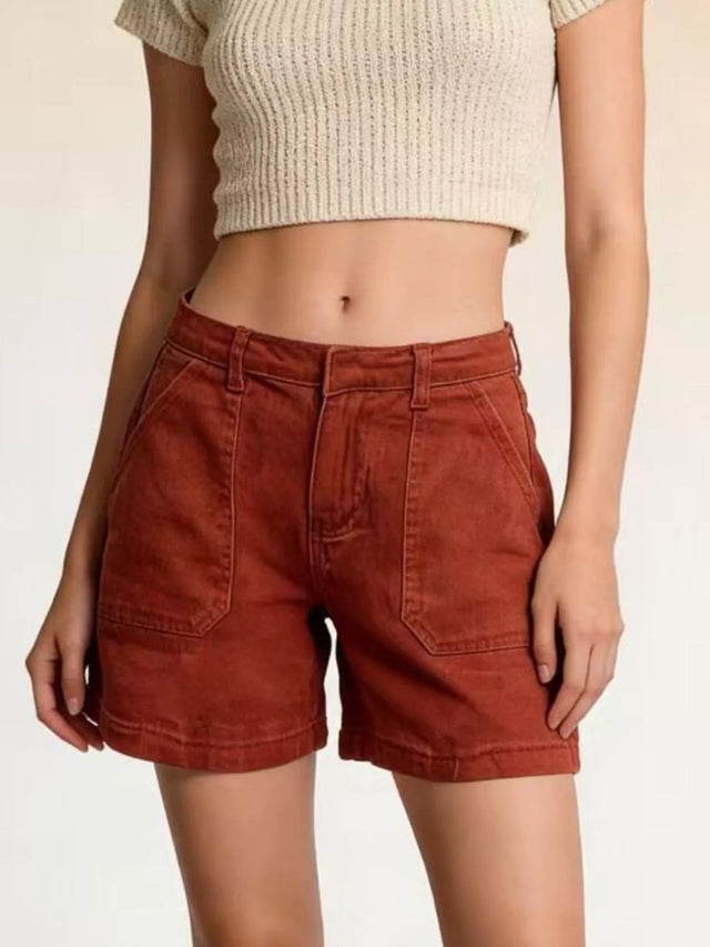 Denim Shorts for Women with Patch Pockets and Mid Rise in Rust, front view