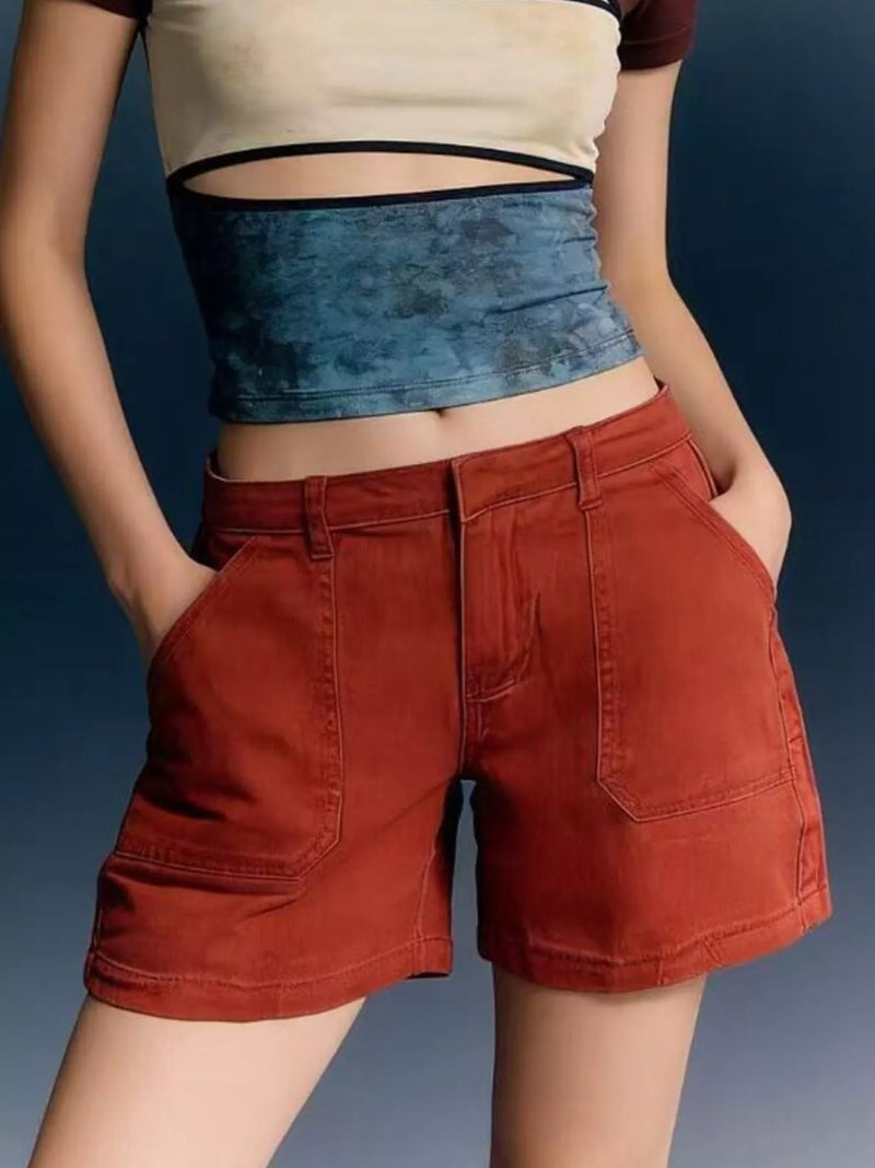 Denim Shorts for Women with Patch Pockets and Mid Rise in Rust, front view 2