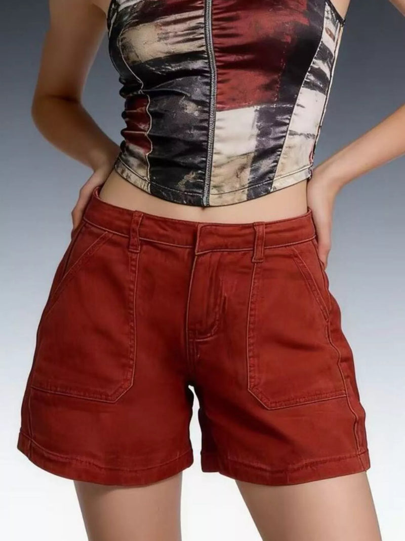 Denim Shorts for Women with Patch Pockets and Mid Rise in Rust, front view 3