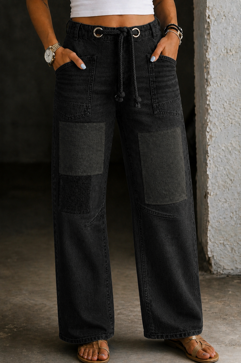 Patchwork Drawstring Jeans for Women with Relaxed Wide Leg and Mid Rise in Black, front view