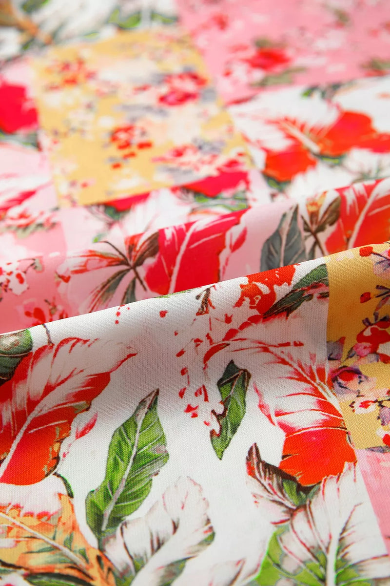 Puff-Sleeve Blouse for Women with Patchwork Floral Print and Contrast Trim in Pink Floral, fabric close-up