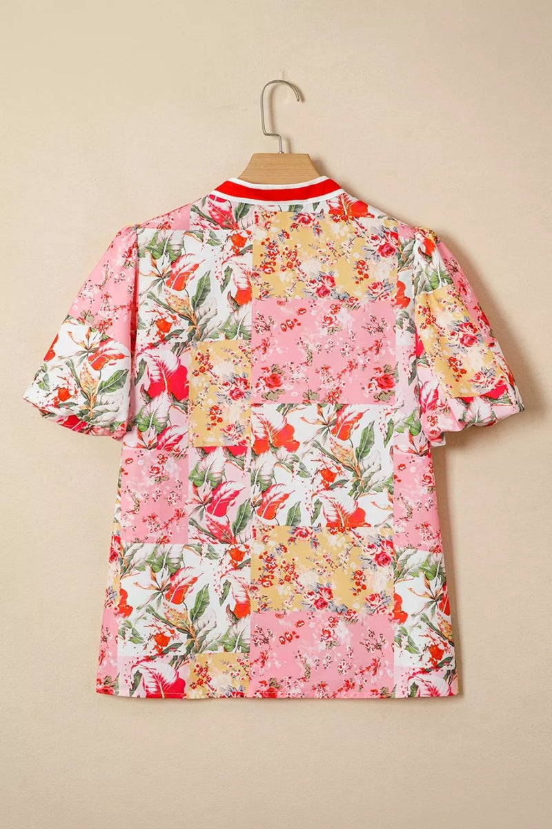 Puff-Sleeve Blouse for Women with Patchwork Floral Print and Contrast Trim in Pink Floral, flat lay back