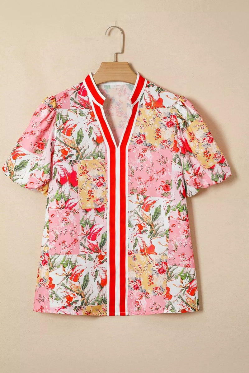 Puff-Sleeve Blouse for Women with Patchwork Floral Print and Contrast Trim in Pink Floral, flat lay front